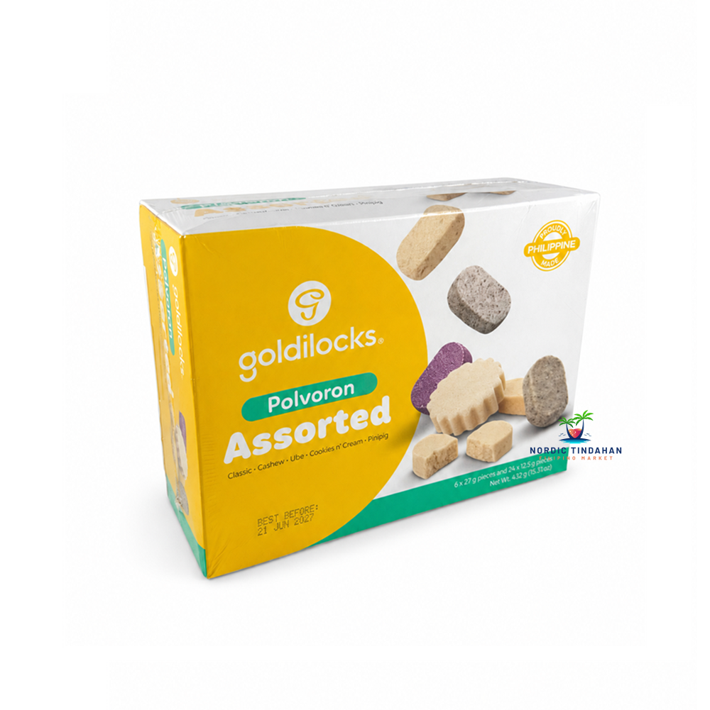 Enjoy a variety of classic Filipino flavors with Goldilocks Polvoron Assorted 432g. This delicious assortment includes Classic, Cashew, Ube, Cookies & Cream, and Pinipig polvoron, offering a rich, crumbly, melt-in-your-mouth treat. Perfect for sharing, gifting, celebrations, or enjoying as a traditional Filipino snack.