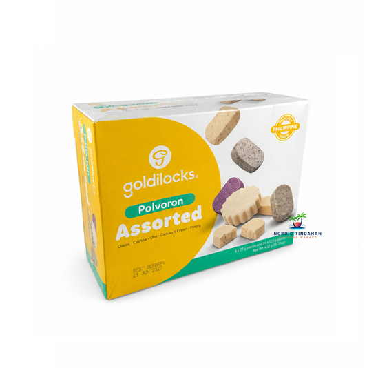 Enjoy a variety of classic Filipino flavors with Goldilocks Polvoron Assorted 432g. This delicious assortment includes Classic, Cashew, Ube, Cookies & Cream, and Pinipig polvoron, offering a rich, crumbly, melt-in-your-mouth treat. Perfect for sharing, gifting, celebrations, or enjoying as a traditional Filipino snack.