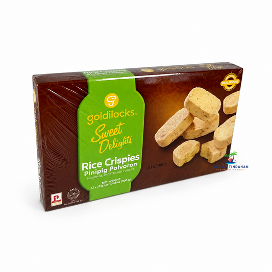 Goldilocks Sweet Delights Rice Crispies Pinipig Polvoron 300 g is a traditional Filipino shortbread treat combining the crunch of toasted rice crispies with the soft texture of classic polvoron. Its rich and sweet flavor makes it perfect as a dessert, snack, or coffee companion. Enjoy an authentic Filipino delicacy from the trusted Goldilocks brand.