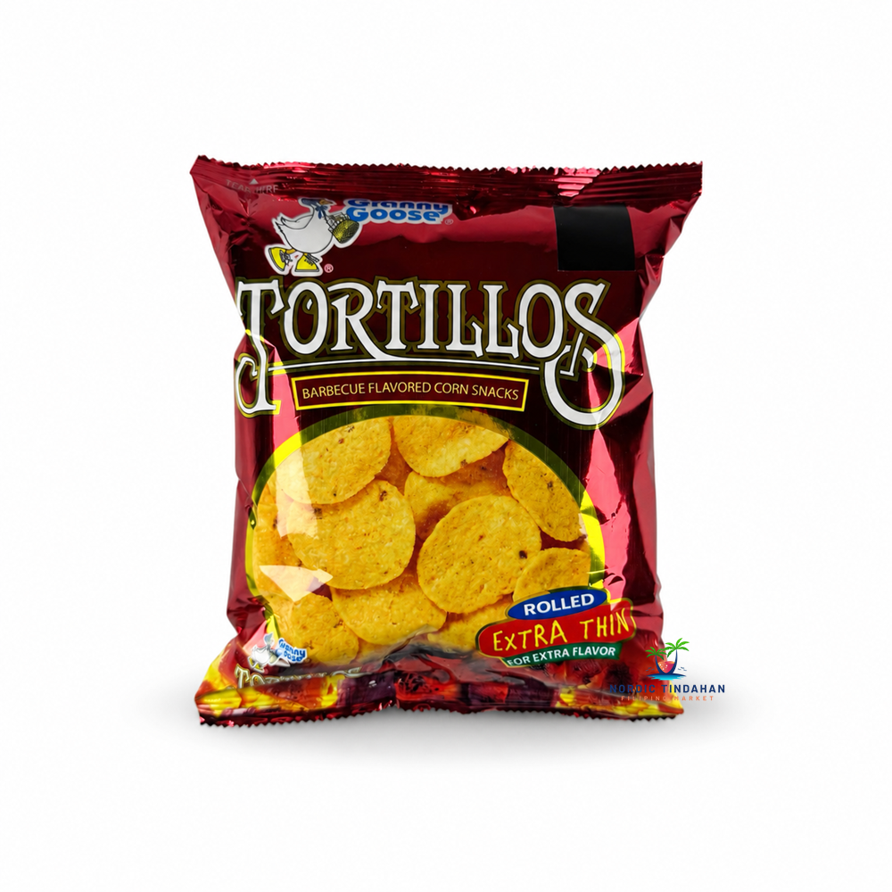 Granny Goose Tortillos barbecue flavored rolled corn snacks in an extra thin style.