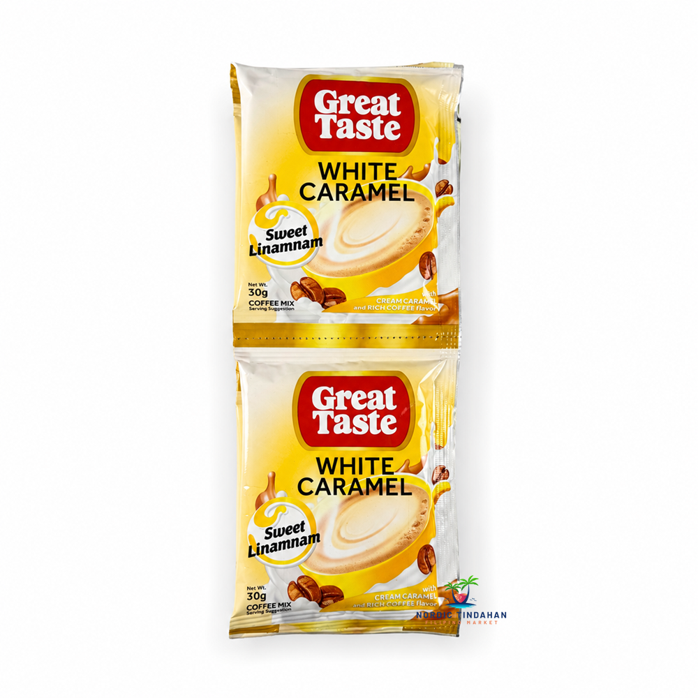 Great Taste White Caramel Coffee Mix 30 g is a rich Filipino instant coffee mix combining smooth white coffee with sweet caramel flavor. This easy-to-prepare 3-in-1 coffee drink delivers a creamy and aromatic coffee experience at home, work, or on the go. Perfect for lovers of sweet and creamy coffee beverages.