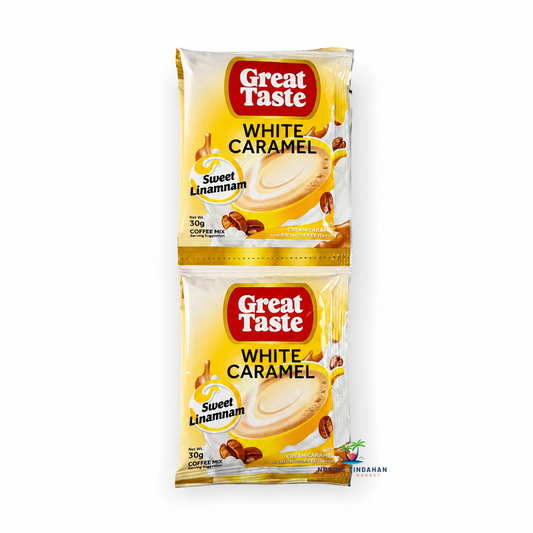 Great Taste White Caramel Coffee Mix 30 g is a rich Filipino instant coffee mix combining smooth white coffee with sweet caramel flavor. This easy-to-prepare 3-in-1 coffee drink delivers a creamy and aromatic coffee experience at home, work, or on the go. Perfect for lovers of sweet and creamy coffee beverages.
