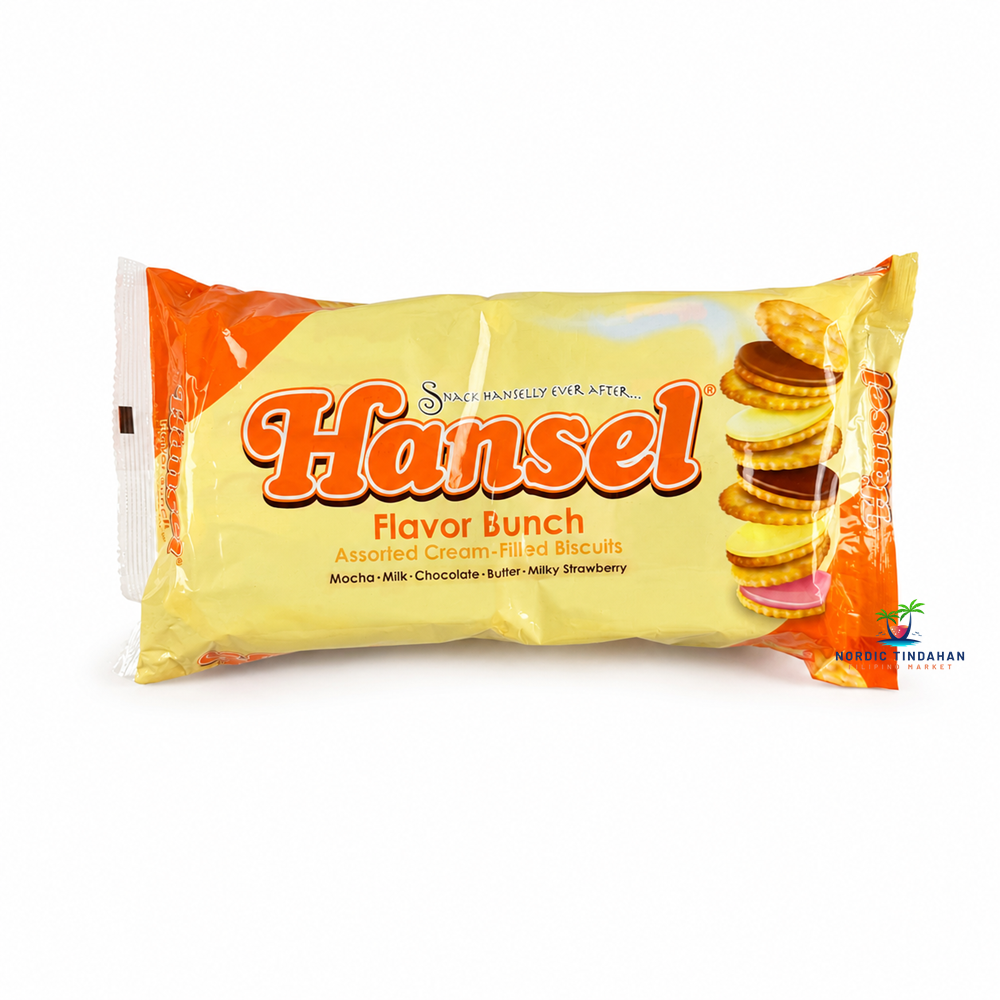 Hansel Flavor Bunch Assorted Cream-Filled Biscuits are delicious sandwich biscuits featuring assorted flavors including mocha, milk, chocolate, butter, and strawberry. With crispy crackers and smooth cream fillings, they are perfect for snacking with coffee, tea, or anytime cravings. A popular Filipino treat enjoyed by all ages.