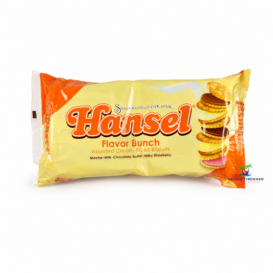 Hansel Flavor Bunch Assorted Cream-Filled Biscuits are delicious sandwich biscuits featuring assorted flavors including mocha, milk, chocolate, butter, and strawberry. With crispy crackers and smooth cream fillings, they are perfect for snacking with coffee, tea, or anytime cravings. A popular Filipino treat enjoyed by all ages.