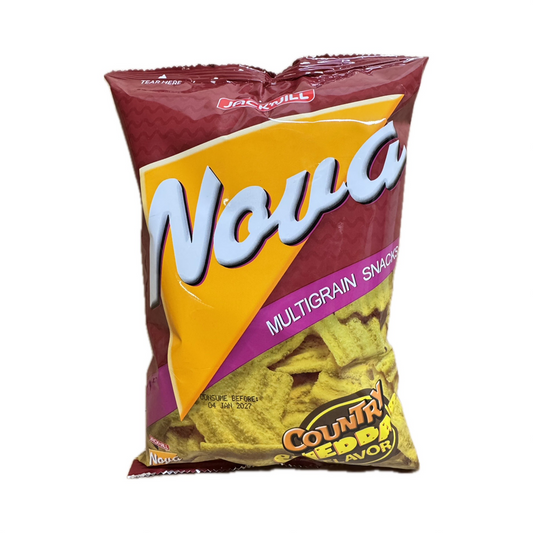 Jack and Jill Nova Country Cheddar cheese-flavored potato chips in a bag.