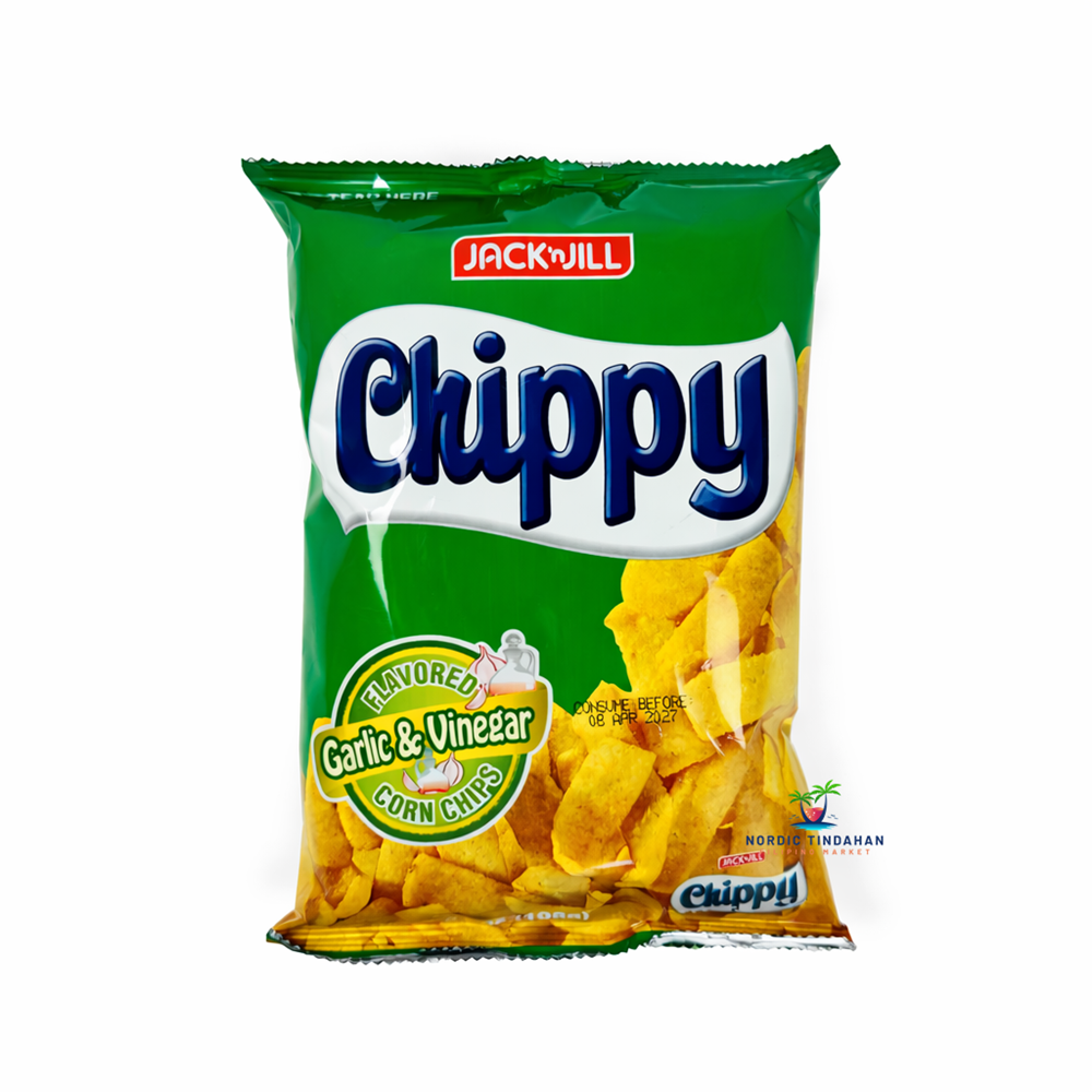 Jack ’n Jill Chippy Garlic & Vinegar 110g – crispy corn chips with bold garlic and vinegar flavor.