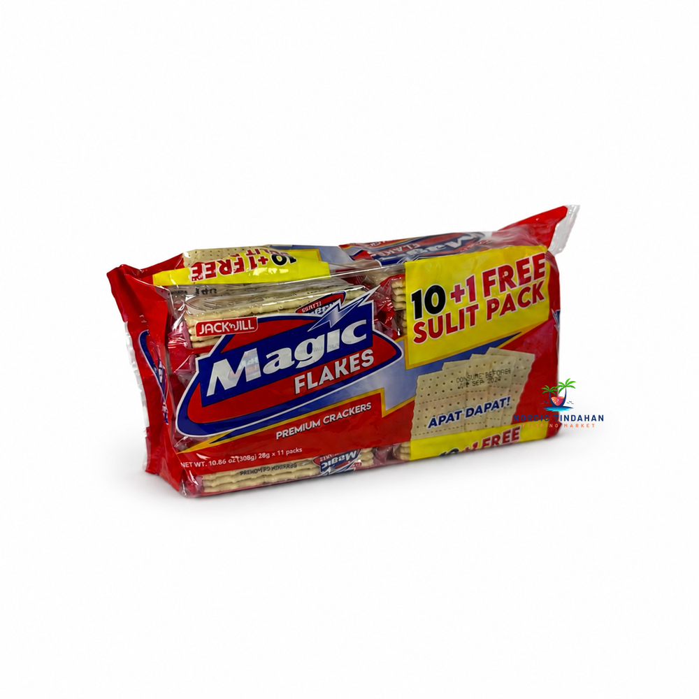 Jack 'n Jill Magic Flakes Premium Crackers 10+1 Free Sulit Pack 308g contains crispy, light premium crackers in convenient individual packs. Ideal for snacks, breakfast, lunchboxes, or pairing with cheese, spreads, and beverages. Great value multipack for the whole family.