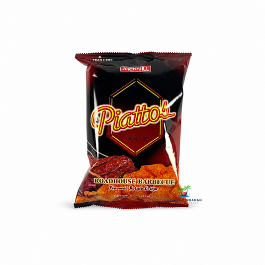 Jack 'n Jill Piattos Roadhouse Barbecue Flavored Potato Crisps are crispy hexagon-shaped potato chips seasoned with a bold, smoky barbecue flavor. Made from real potatoes and packed with rich savory taste, they are perfect for snacking at home, sharing with friends, or enjoying on the go. A popular Filipino snack loved for its satisfying crunch and intense flavor.
