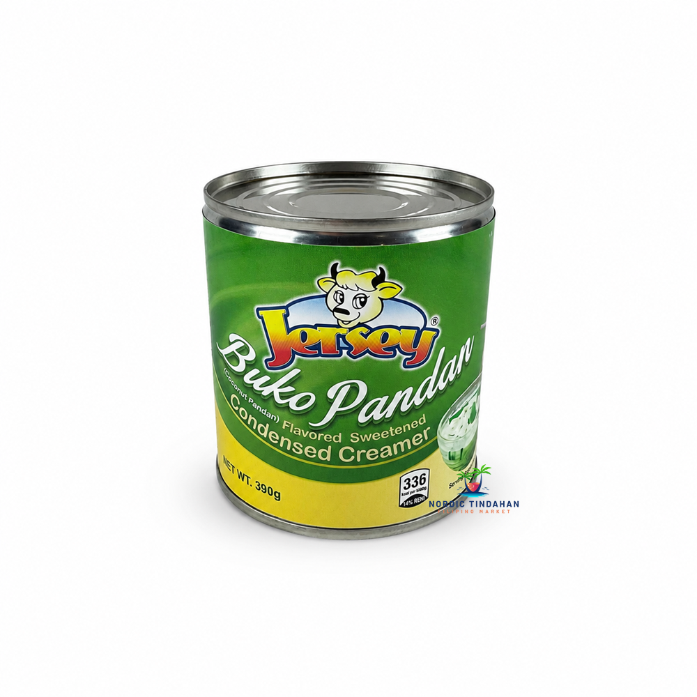 Jersey Buko Pandan Sweetened Condensed Creamer 390g is a coconut pandan flavored sweetened condensed creamer with a rich, creamy texture and authentic tropical taste. Ideal for Filipino desserts such as buko pandan, halo-halo, cakes, pastries, and beverages.