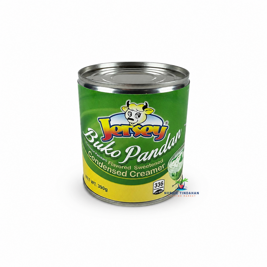Jersey Buko Pandan Sweetened Condensed Creamer 390g is a coconut pandan flavored sweetened condensed creamer with a rich, creamy texture and authentic tropical taste. Ideal for Filipino desserts such as buko pandan, halo-halo, cakes, pastries, and beverages.