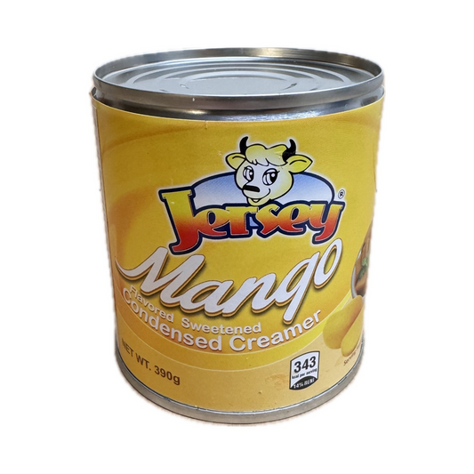 Can of Jersey mango-flavored condensed creamer, perfect for desserts and drinks.