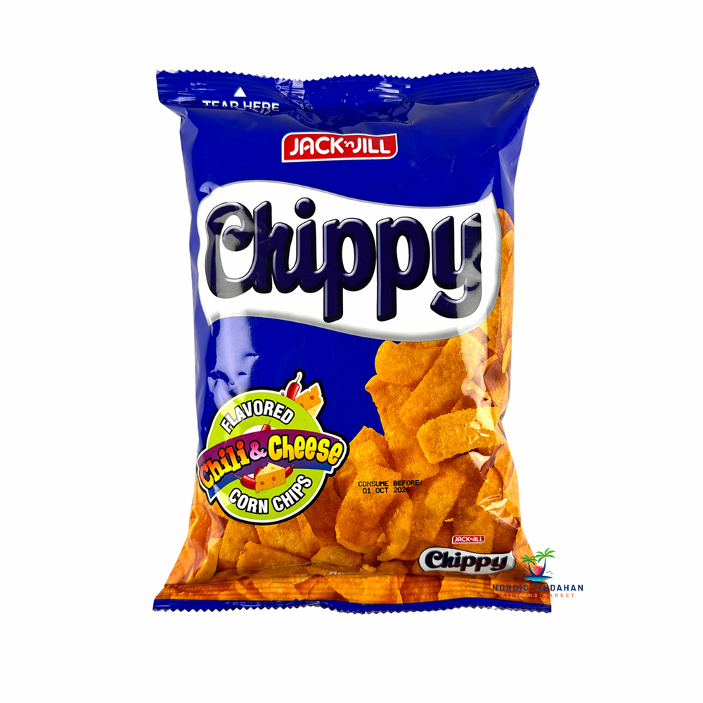 JJ Chippy Chili Cheese 110g – crunchy corn chips with spicy chili cheese flavor, popular Filipino snack