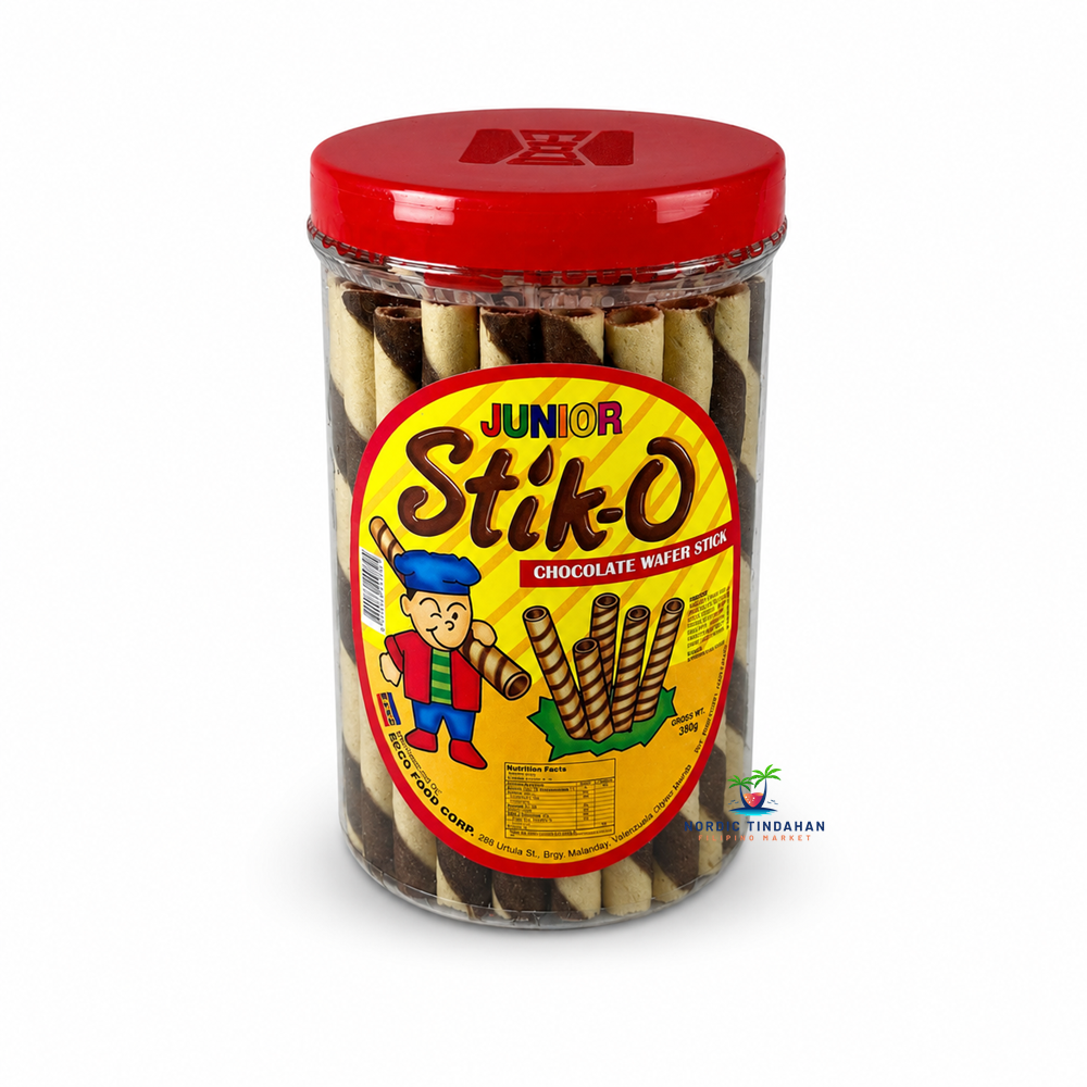 Enjoy the classic taste of Junior Stik-O Chocolate Wafer Stick 380g. These crispy rolled wafer sticks are filled with rich chocolate cream, making them a favorite Filipino snack for kids and adults alike. Perfect for sharing, parties, dessert platters, or enjoying with coffee, tea, or hot chocolate.
