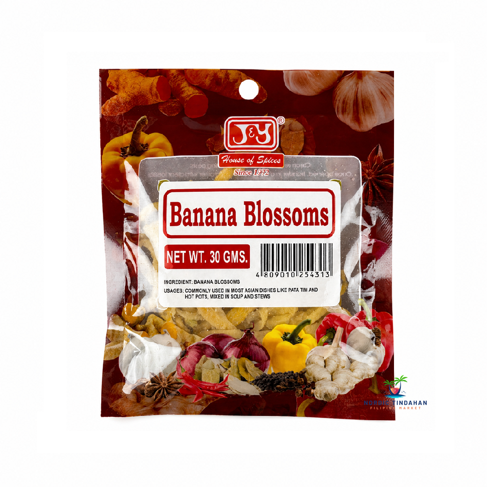 JY Banana Blossoms 30g are dried banana flower pieces commonly used in Asian cuisine. Known for their mild flavor and meaty texture, banana blossoms are perfect for soups, stews, and traditional dishes such as pata tim and hot pots. A versatile ingredient for adding authentic taste and texture to your cooking.