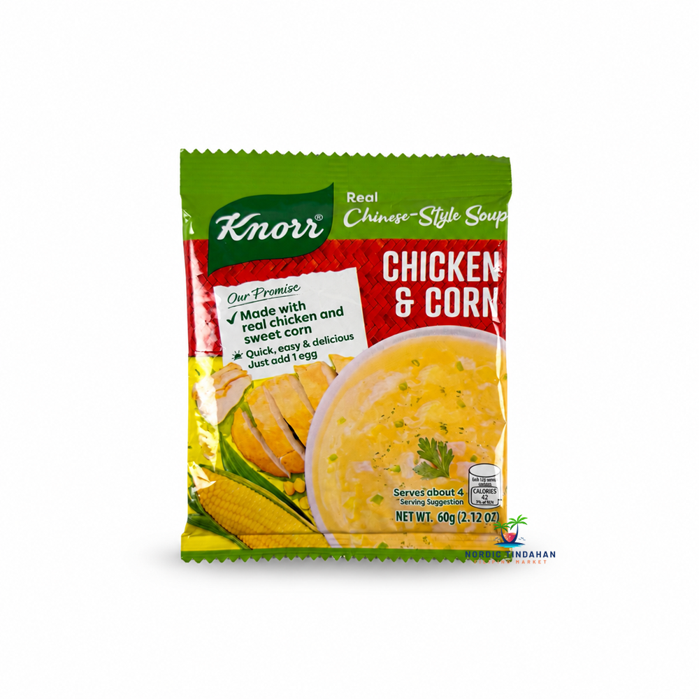 Enjoy Knorr Chicken & Corn Chinese-Style Soup, a delicious and comforting instant soup mix featuring chicken and sweet corn flavors. Quick and easy to prepare, simply add an egg for a warm and satisfying soup. Shop Filipino and Asian food products at Nordic Tindahan, your Filipino online store in Finland.