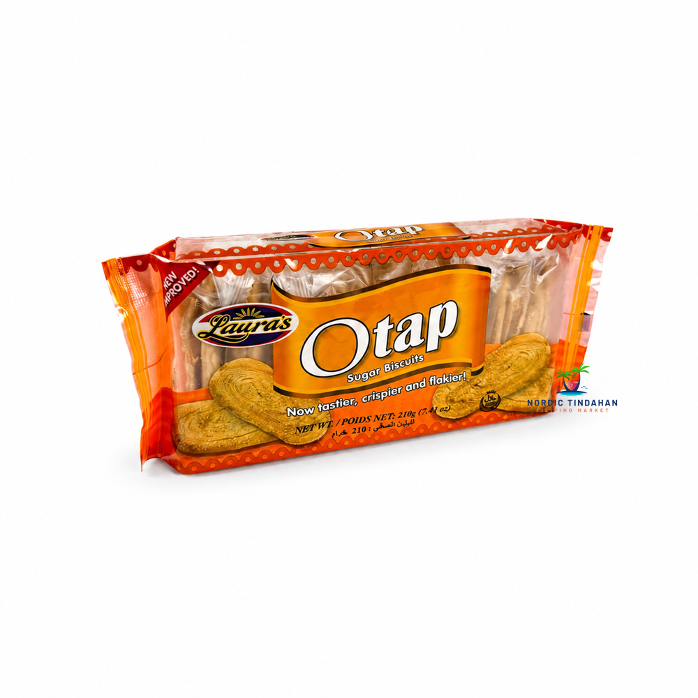 Enjoy the light, crispy layers of Laura's Otap Sugar Biscuits 210g. These traditional Filipino puff pastry cookies are delicately coated with sugar for a sweet, flaky crunch. Perfect with coffee or tea, as a snack, or as a delicious Filipino treat to share with family and friends.