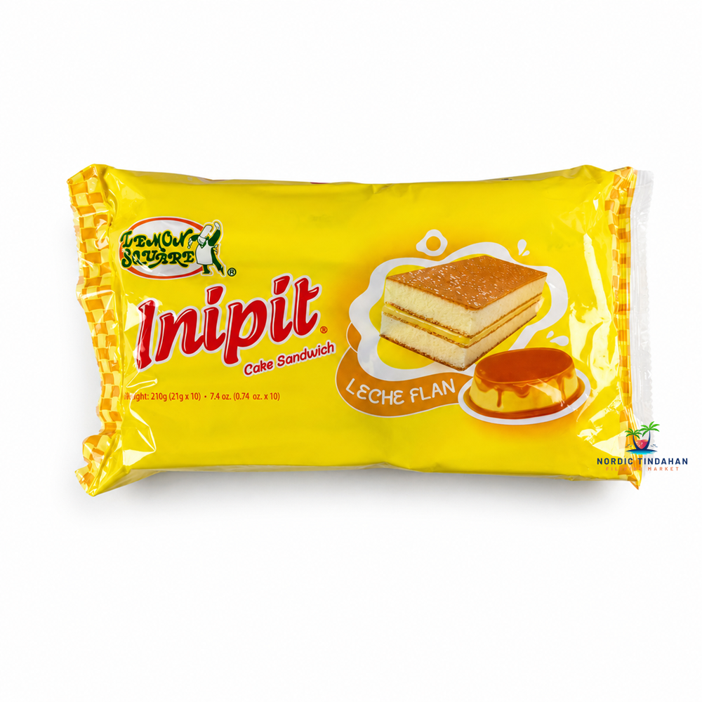 Lemon Square Inipit Cake Sandwich Leche Flan is a soft Filipino cake snack filled with rich and creamy leche flan flavor. Perfect as a sweet snack, dessert, or coffee partner, this popular Filipino treat offers a deliciously soft texture and indulgent caramel custard taste in every bite.