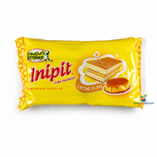 Lemon Square Inipit Cake Sandwich Leche Flan is a soft Filipino cake snack filled with rich and creamy leche flan flavor. Perfect as a sweet snack, dessert, or coffee partner, this popular Filipino treat offers a deliciously soft texture and indulgent caramel custard taste in every bite.
