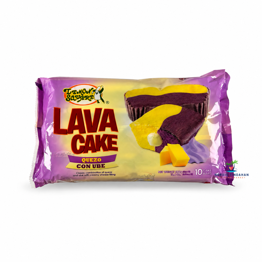 Enjoy Lemon Square Lava Cake Quezo con Ube, a delicious Filipino snack cake combining creamy cheese flavor with rich ube filling. This 380g pack contains 10 cake bars, perfect for snacks, sharing, or enjoying with coffee or tea. Available at Nordic Tindahan, your Filipino online store in Finland.