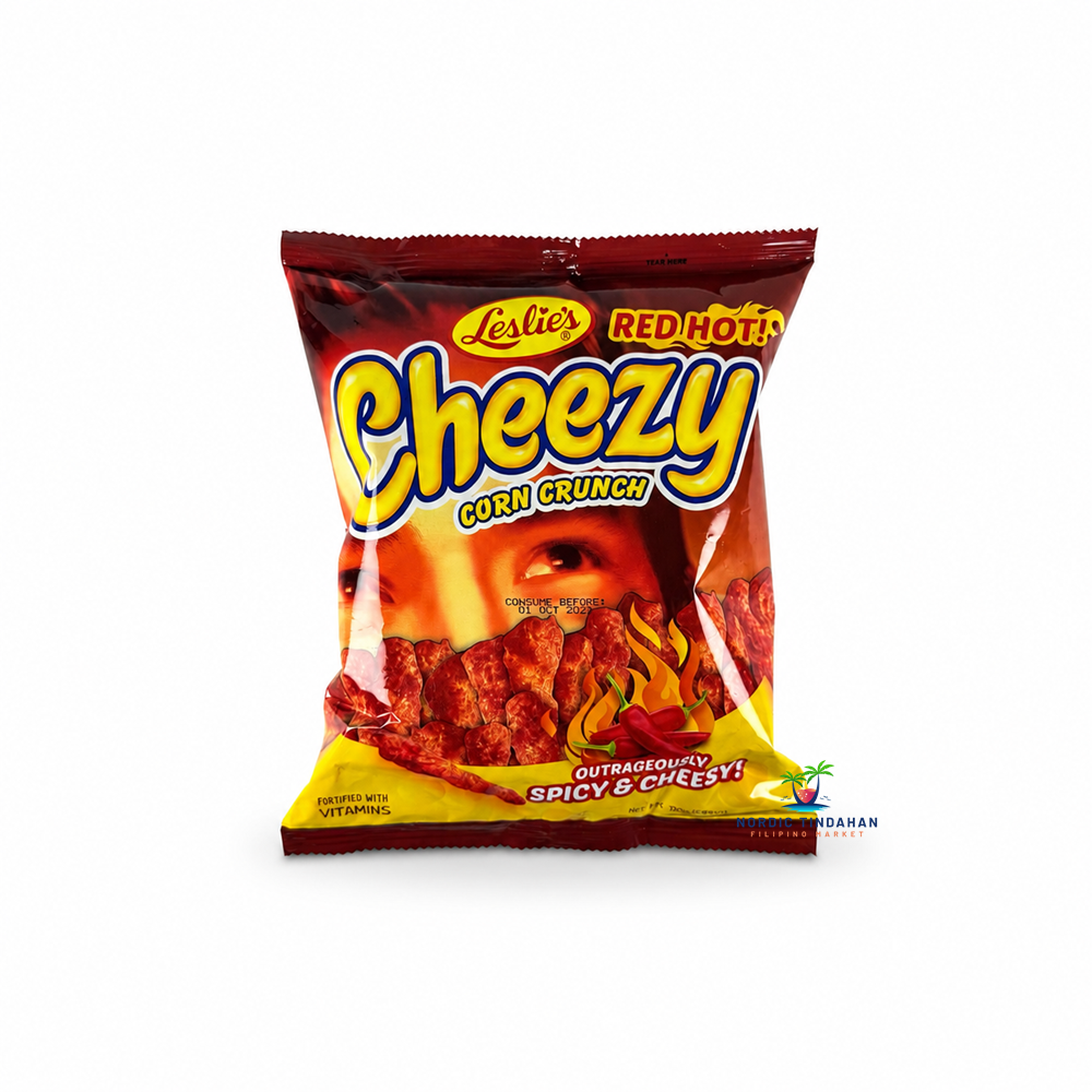 Leslie's Cheezy Corn Crunch Red Hot 70g is a crunchy Filipino corn snack coated with bold cheese flavor and fiery chili seasoning. A deliciously spicy and cheesy snack that's perfect for sharing or enjoying anytime.