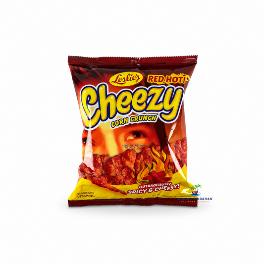 Leslie's Cheezy Corn Crunch Red Hot 70g is a crunchy Filipino corn snack coated with bold cheese flavor and fiery chili seasoning. A deliciously spicy and cheesy snack that's perfect for sharing or enjoying anytime.