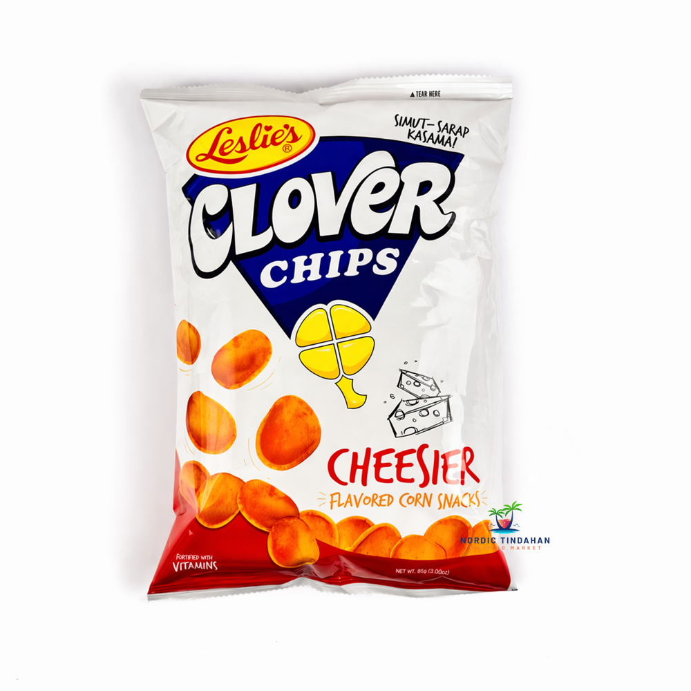 Leslie’s Clover Chips Cheesier – crunchy corn snack with rich and savory cheese flavor, perfect for snacking.