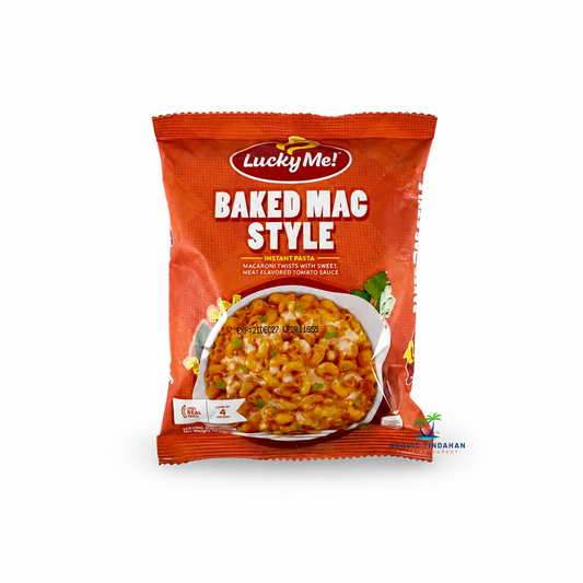 Lucky Me! Baked Mac Style Instant Pasta features macaroni twists with a sweet meat-flavored tomato sauce. This quick and easy Filipino-style instant pasta is ready in just minutes and makes a convenient, flavorful meal or snack.