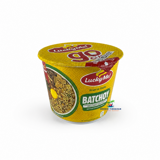 Lucky Me Batchoy Instant Noodle Soup Cup 65g delivers the rich, savory taste of traditional Filipino batchoy in a convenient cup. Made with springy noodles and a flavorful broth with cracklings and garlic notes, it's perfect for a quick and satisfying meal anytime.