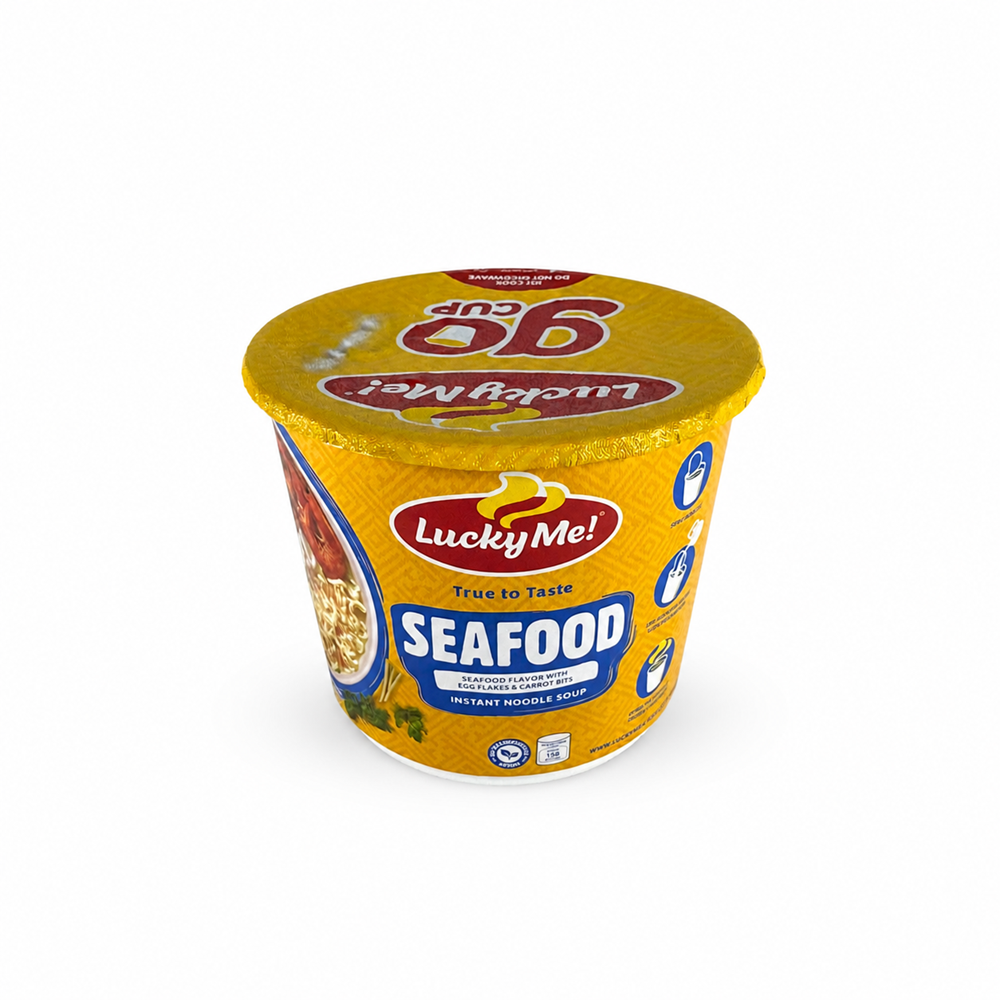 Enjoy a quick and satisfying meal with Lucky Me! Go Cup Seafood Instant Noodle Soup. This convenient instant noodle cup features a savory seafood-flavored broth with egg flakes and carrot bits, delivering a delicious taste in just minutes. Simply add hot water for an easy snack, lunch, or light meal at home, work, or on the go.