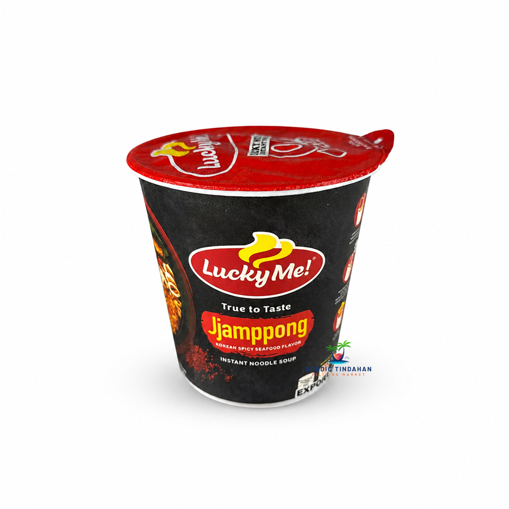 Lucky Me! Jjampong is an instant noodle soup with a spicy Korean-style seafood flavor. Enjoy a rich, savory broth with delicious noodles in a convenient cup that is quick and easy to prepare. Perfect for a flavorful snack or a satisfying quick meal.