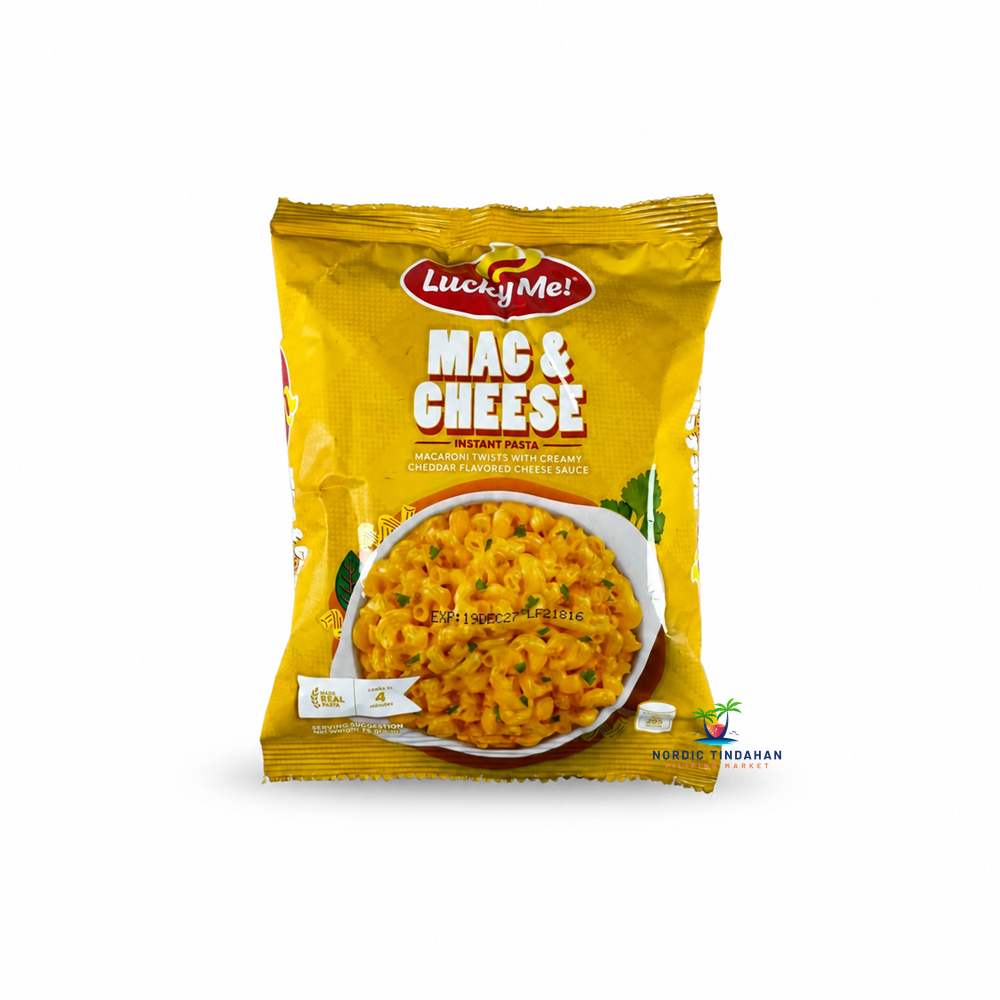 Lucky Me! Mac & Cheese Instant Pasta combines macaroni twists with a creamy cheddar-flavored cheese sauce. This quick and easy Filipino-style instant pasta is a convenient choice for a delicious cheesy meal or snack.