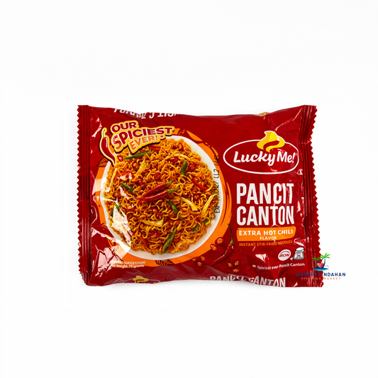 Lucky Me Pancit Canton Extra Hot Chili instant stir-fried noodles, spicy Filipino noodle pack with chili flavor.