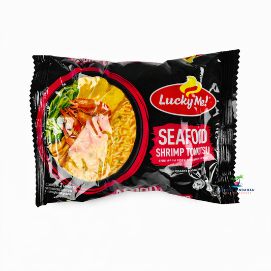 Lucky Me Seafood Shrimp Tonkotsu Instant Noodles – instant noodle soup with shrimp and pork bone broth flavor.