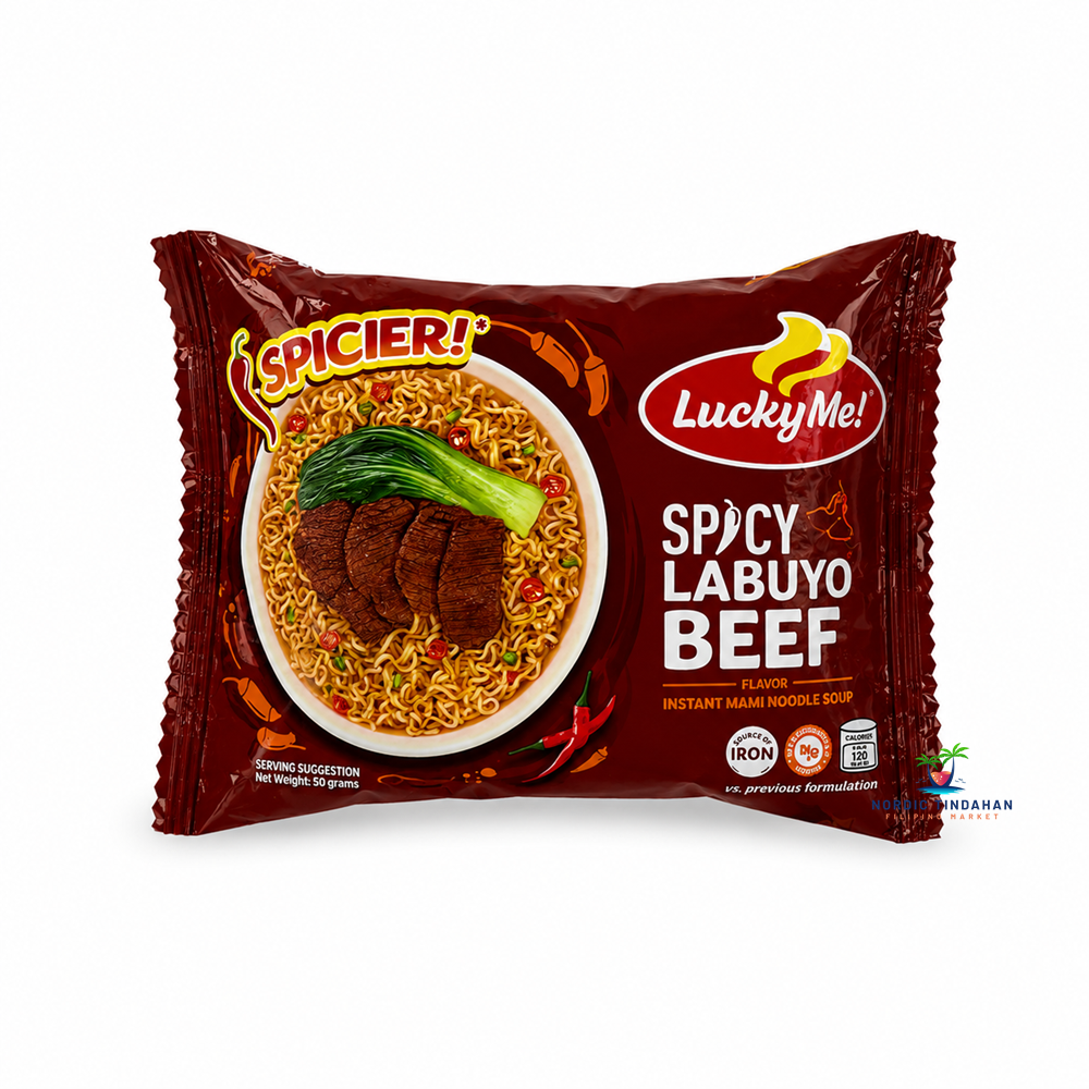 Lucky Me! Spicy Labuyo Beef instant mami noodle soup with spicy beef flavor