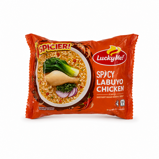 Lucky Me! Spicy Labuyo Chicken Instant Mami Noodle Soup 90 g is a spicy Filipino instant noodle soup combining savory chicken flavor with hot labuyo chili. Featuring rich broth and soft noodles, it makes a quick and satisfying meal anytime. Perfect for fans of spicy Asian comfort food.