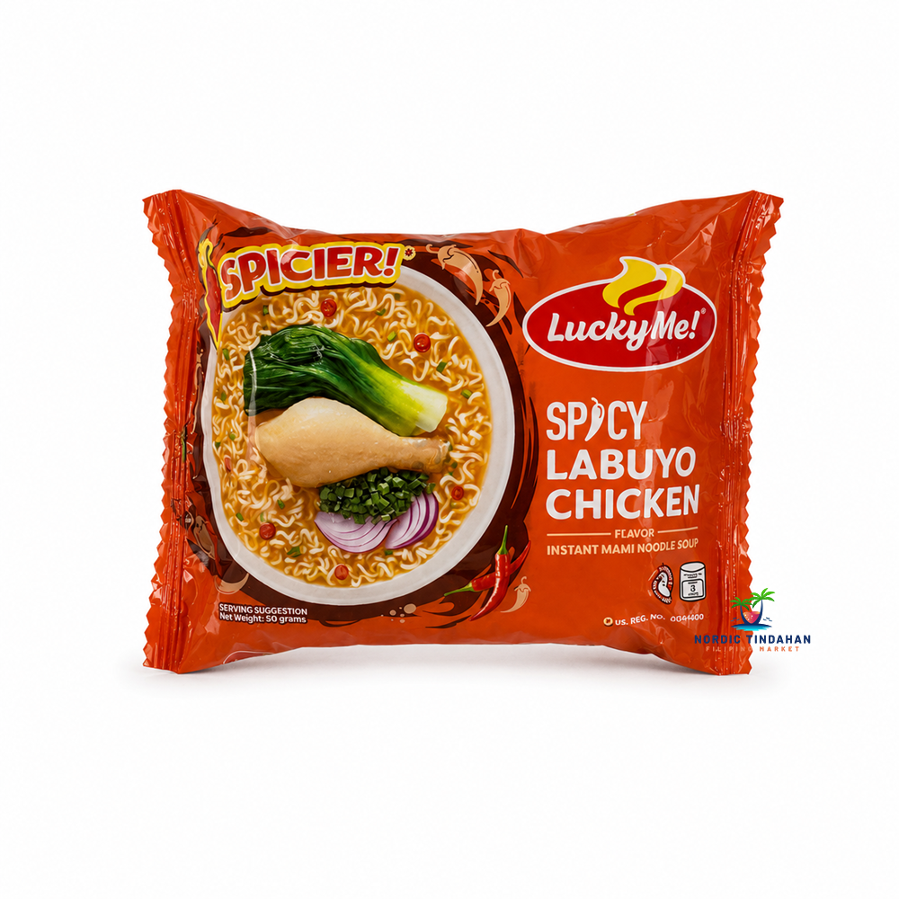 Lucky Me! Spicy Labuyo Chicken Instant Mami Noodle Soup 90 g is a spicy Filipino instant noodle soup combining savory chicken flavor with hot labuyo chili. Featuring rich broth and soft noodles, it makes a quick and satisfying meal anytime. Perfect for fans of spicy Asian comfort food.