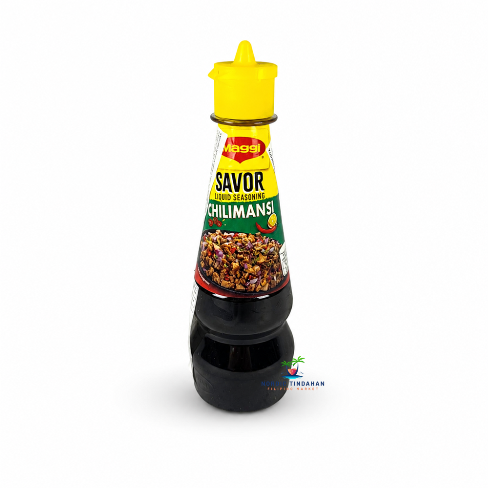 Maggi Savor Liquid Seasoning Chillimansi is a flavorful Filipino liquid seasoning combining chili and calamansi flavors. Perfect for adding a savory, spicy and citrusy taste to meat, rice, noodles and other dishes.