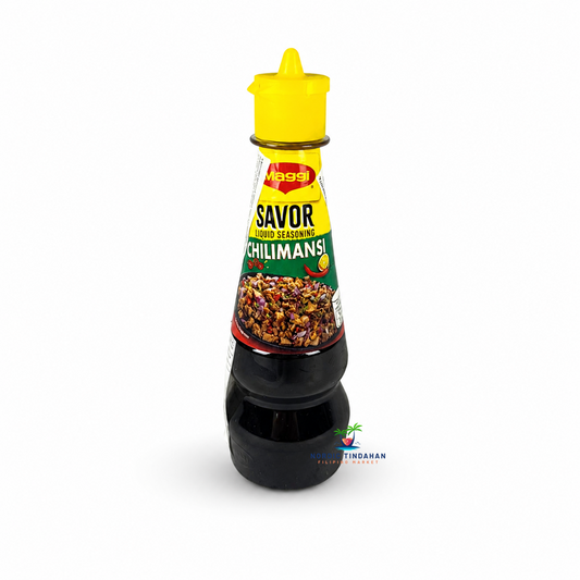 Maggi Savor Liquid Seasoning Chillimansi is a flavorful Filipino liquid seasoning combining chili and calamansi flavors. Perfect for adding a savory, spicy and citrusy taste to meat, rice, noodles and other dishes.