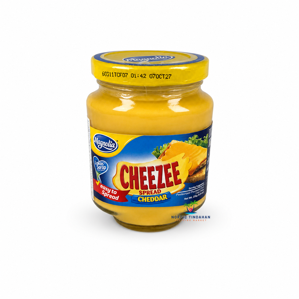 Magnolia Cheezee Spread Cheddar is an easy-to-spread processed cheese spread with a rich cheddar flavor. Perfect for bread, toast, crackers and sandwiches. Net weight 235g.