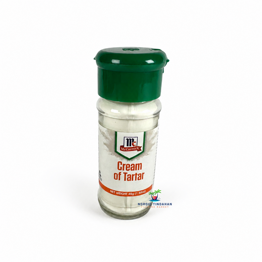 McCormick Cream of Tartar 45 g is a versatile baking ingredient commonly used for meringues, cakes, and pastries. It helps stabilize egg whites and improves the texture and fluffiness of baked goods. An essential pantry item for home bakers and professional kitchens alike.