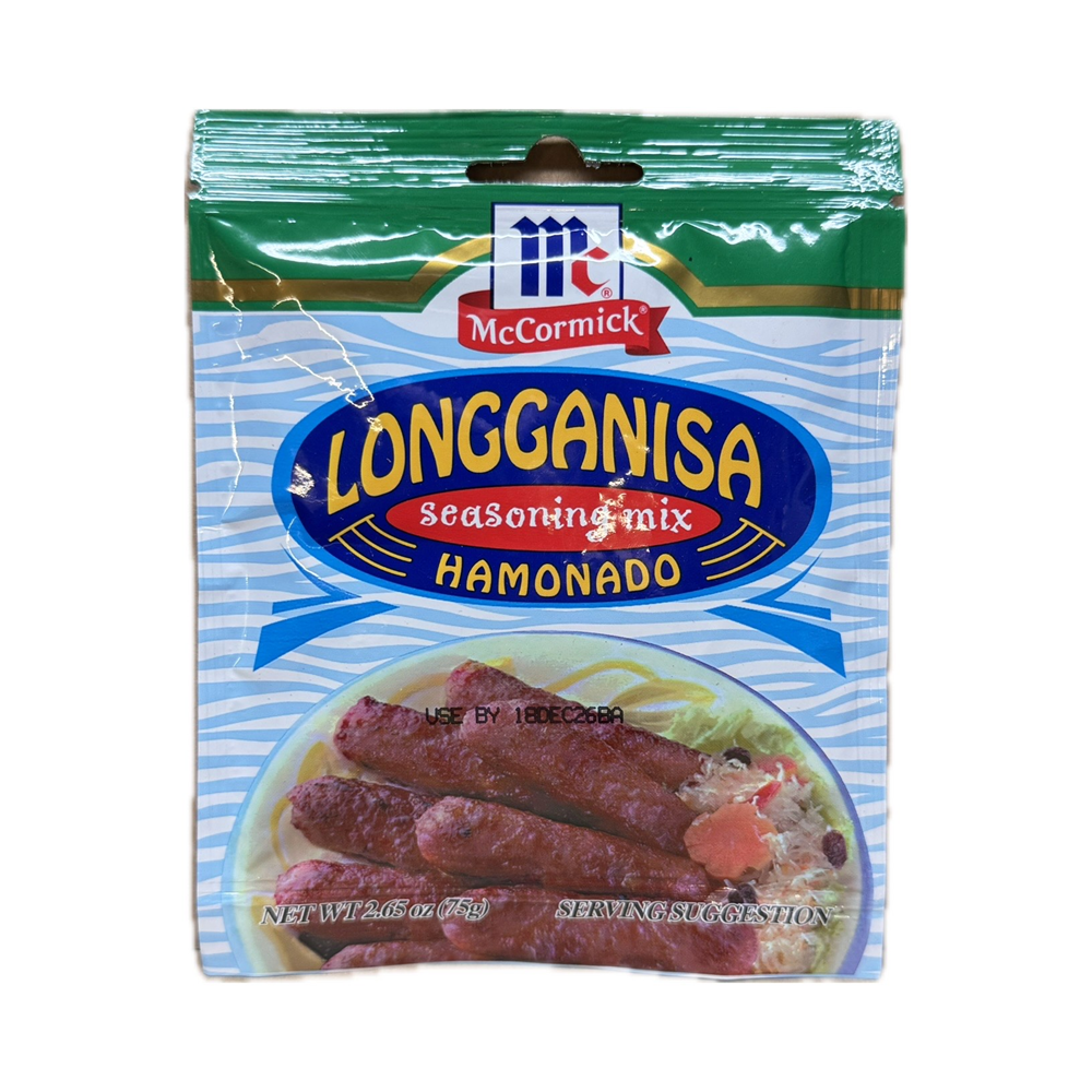 Pack of McCormick longganisa hamonado seasoning mix for sweet Filipino sausages.