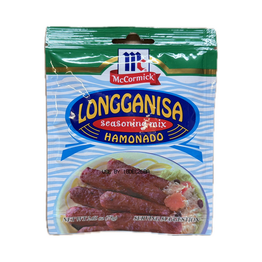 Pack of McCormick longganisa hamonado seasoning mix for sweet Filipino sausages.