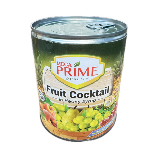 Mega Fruit Cocktail in Heavy Syrup 850g can – delicious mix of tropical fruits in rich syrup, perfect for desserts and salads.