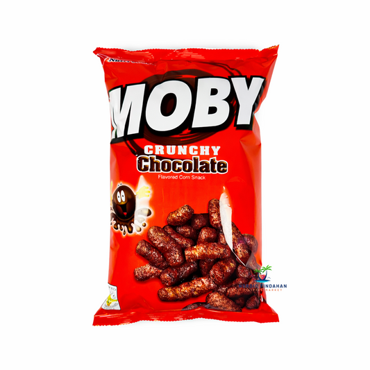 Moby Crunchy Chocolate 90g – crispy corn puffs coated in rich chocolate flavor, perfect for sweet snacking.