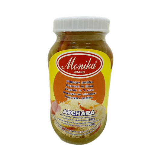 Monika Atchara Pickled Papaya 340g – Sweet and tangy pickled papaya slices, offering a delightful Filipino condiment to enhance your meals.