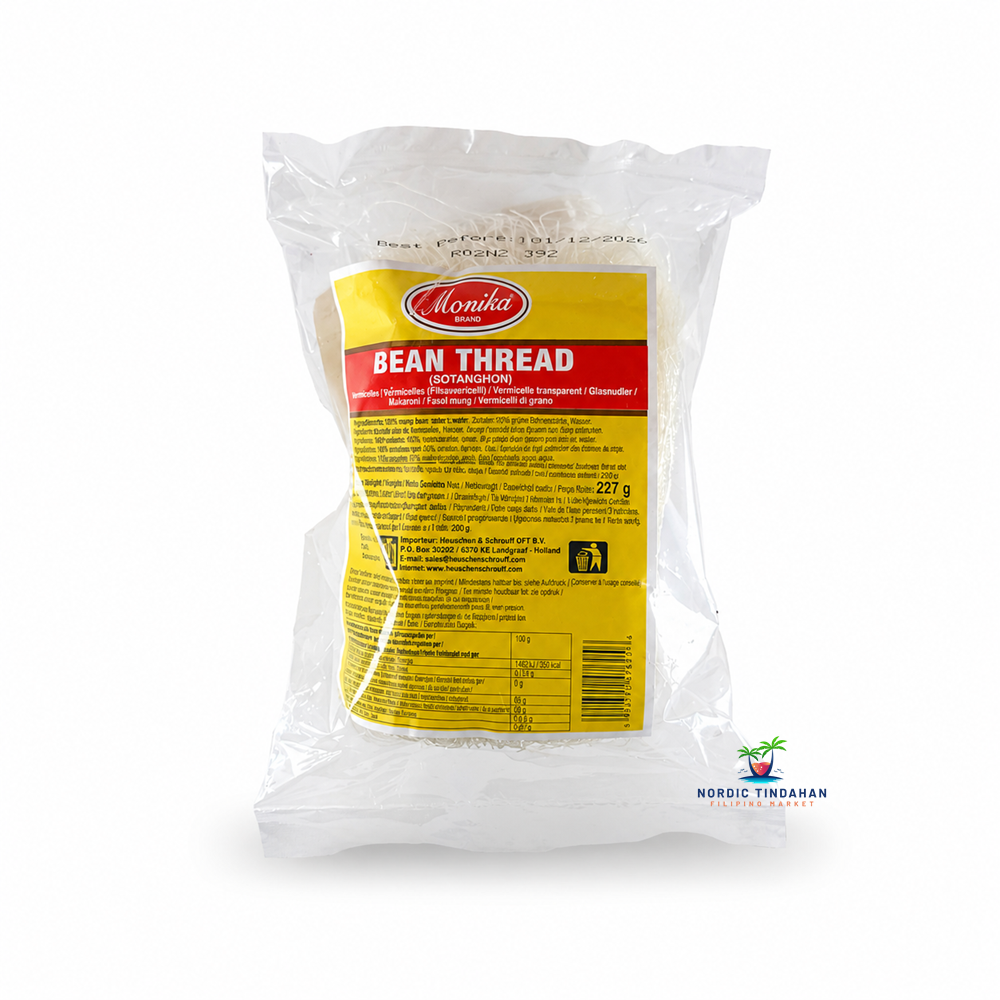 Cook authentic Asian dishes with Monika Bean Thread (Sotanghon) 227g. These premium glass noodles are made from mung bean starch and are perfect for soups, stir-fries, spring rolls, and traditional Filipino recipes such as Sotanghon soup. Their light texture absorbs flavors beautifully for delicious meals.