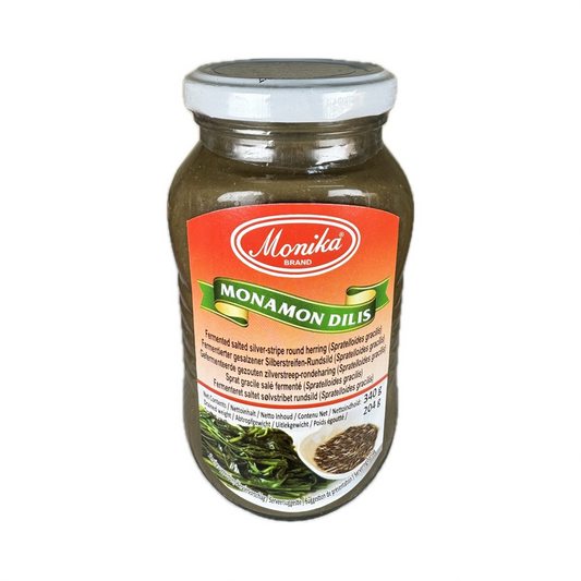 Monika Fermented Salted Fish Monamon Dilis 340g jar, traditional Filipino fermented anchovies, perfect for cooking or snacking