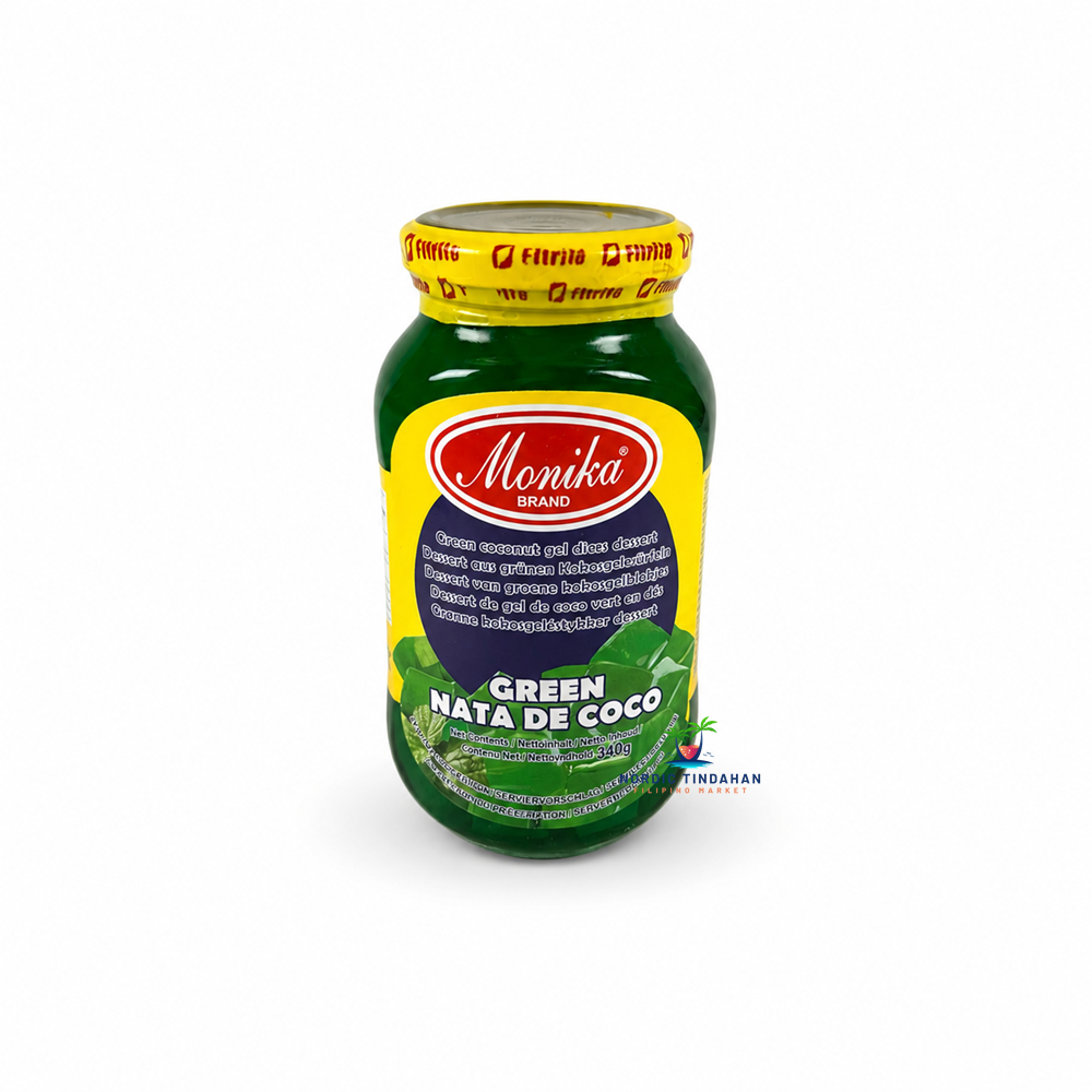 Enjoy the refreshing taste and chewy texture of Monika Green Nata de Coco 340g. These green coconut gel cubes in sweet syrup are perfect for fruit salads, halo-halo, desserts, bubble drinks, or enjoyed straight from the jar. A colorful tropical treat that adds texture and sweetness to your favorite desserts.