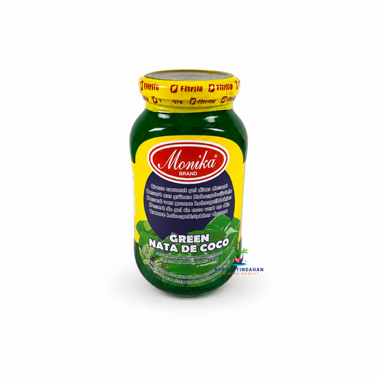 Enjoy the refreshing taste and chewy texture of Monika Green Nata de Coco 340g. These green coconut gel cubes in sweet syrup are perfect for fruit salads, halo-halo, desserts, bubble drinks, or enjoyed straight from the jar. A colorful tropical treat that adds texture and sweetness to your favorite desserts.