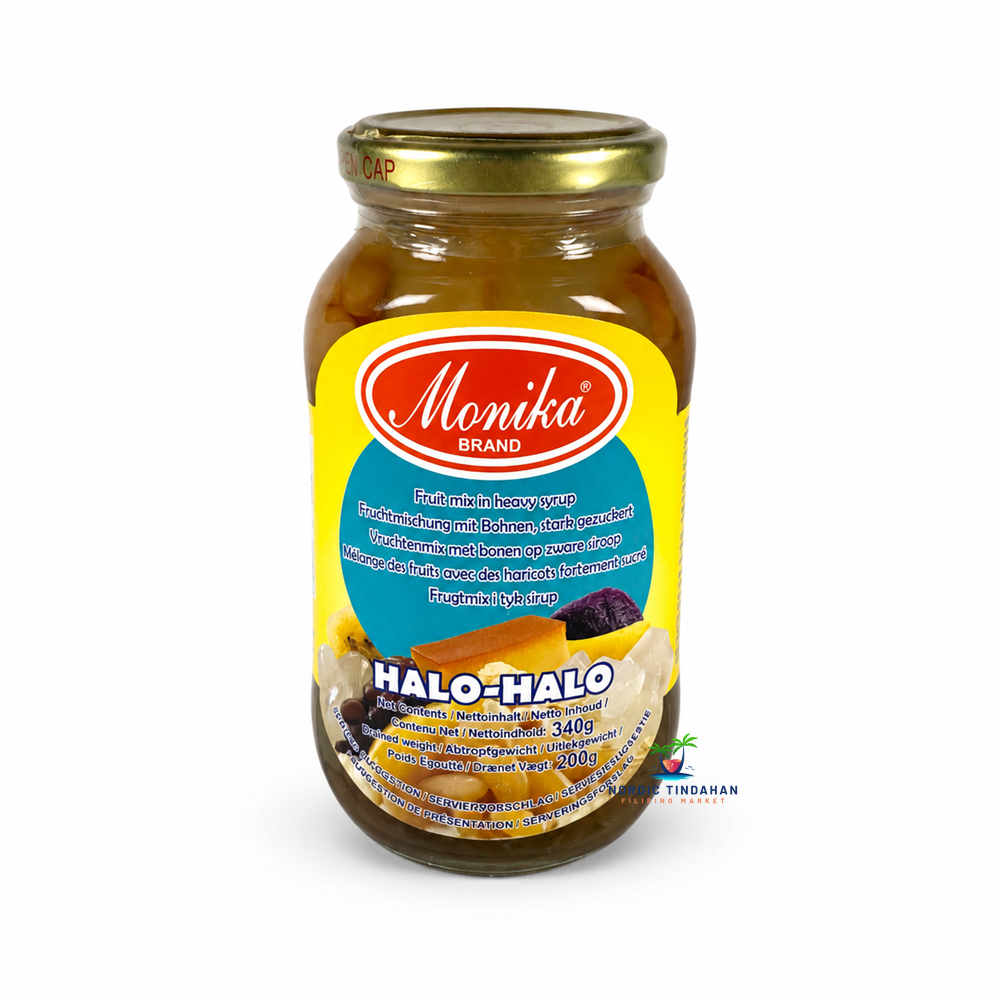 Create authentic Filipino halo-halo with Monika Halo-Halo Fruit Mix in Heavy Syrup 340g. This ready-to-use sweetened fruit and bean mix contains a variety of traditional halo-halo ingredients preserved in rich syrup, making it perfect for shaved ice desserts, fruit salads, ice cream toppings, and other tropical treats. A convenient way to enjoy the classic flavors of the Philippines at home.